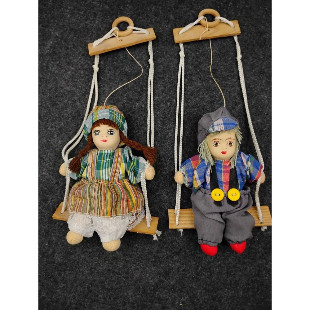 Vintage Doll Porcelain Face On A Wooden Swing Soft Stuffed Body Boy And Girl Lot